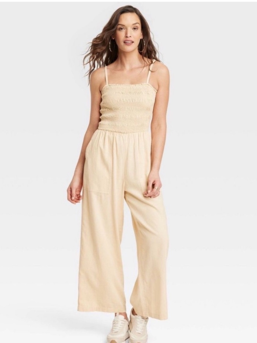 Universal Thread Smocked Linen Blend Maxi Jumpsuit With Pockets Beige Medium